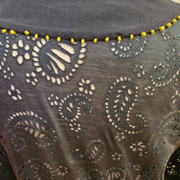 PHILLIP LIM 3.1 Navy Blue Eyelet Yellow Silk Tunic Kurta Style Mini Dress S - Picture 6 of 7